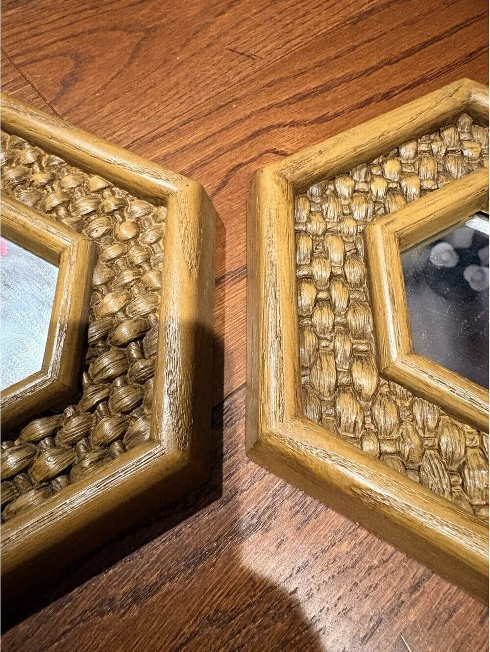 Vintage Homco Mirrors Faux Wicker Basket Weave Hexagon MCM Set of 2